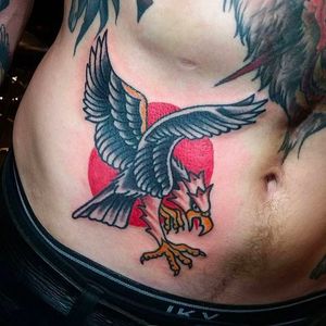 Bold and funky eagle tattoo done by Douglas Grady. #DouglasGrady #traditionaltattoo #coloredtattoo #brightandbold #eagletattoo