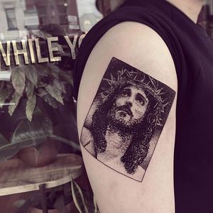 Religious box portrait tattoo by Charley Gerardin. #CharleyGerardin #box #portrait #contemporary #pointillism #blackwork #dotwork #handpoke #JesusChrist #jesus #religious #catholic