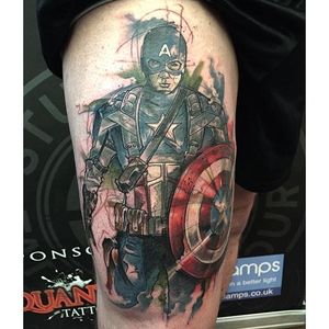 Superhero tattoo by Matt King. #captainamerica #superhero #marvel #comics #movies #watercolor #MattKing