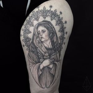 Lady of Sorrows tattoo by Abby Drielsma. #AbbyDrielsma #blackwork #blckwrk #btattooing #ladyofsorrows #mary #religious #dotshading