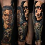 A badass Evil Dead sleeve from Nikko Hurtado (IG—nikkohurtado). #Ash #BruceCampbell #color #demonicpossession #NikkoHurtado #portraiture #realism #skull