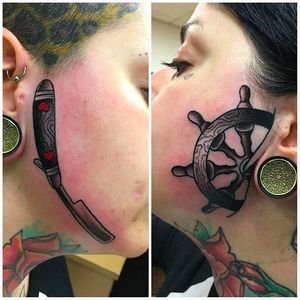 Stunning facial tattoos of a razor and a ship helm by Dan Hartley. #DanHartley #TripleSixStudios #NeoTraditional #razor #shiphelm #facialtattoo