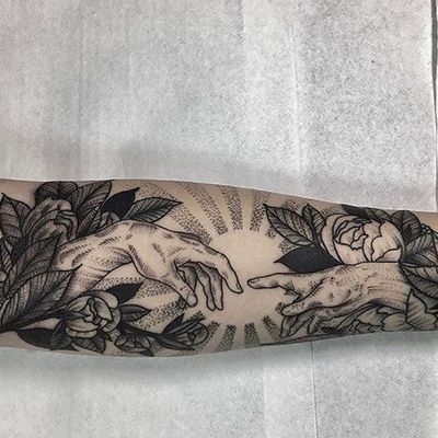 Sistine Chapel reference with flowers, by Kyle Stacher. (via IG—thiefhands) #blacktattooing #dotwork #kylestacher