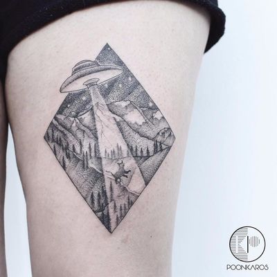 Abducted cat by Karry Ka-Ying Poon aka Poonkaros #Poonkaros #dotwork #blackandgrey #fineline #ufo #landscape #mountains #trees #cat #tattoooftheday