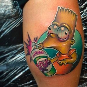 Awesome Bart Simpson tattoo done by Josh Herman. #JoshHerman #MAYDAYtattoo #NewSchool #ColoredTattoo #BartSimpson #thesimpsons