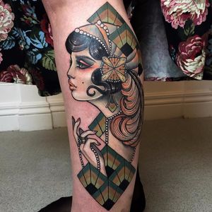 Art Deco lovely by Hannah Flowers #hannahflowers #artdeco #lady #portrait #pinup #feather #pearls #pattern #geometric #color #tattoooftheday