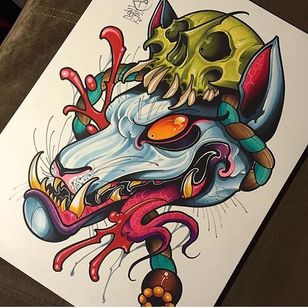 Impresionante visión de una bestia mítica de Kitsune Obra de arte de David Tevenal en Instagram #DavidTevenal #flash #illustration #colorwork #artist #skull #kitsune #newjapanese