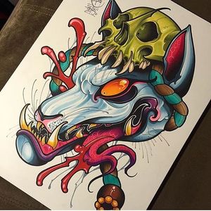 Awesome flash of a Kitsune mythical beast Artwork by David Tevenal on Instagram #DavidTevenal #flash #illustration #colorwork #artist #skull #kitsune #newjapanese