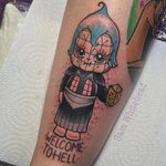 Hellraiser Kewpie tattoo by Sam Whitehead. #SamWhitehead #girly #cute #kewpie #hellraiser #pinhead