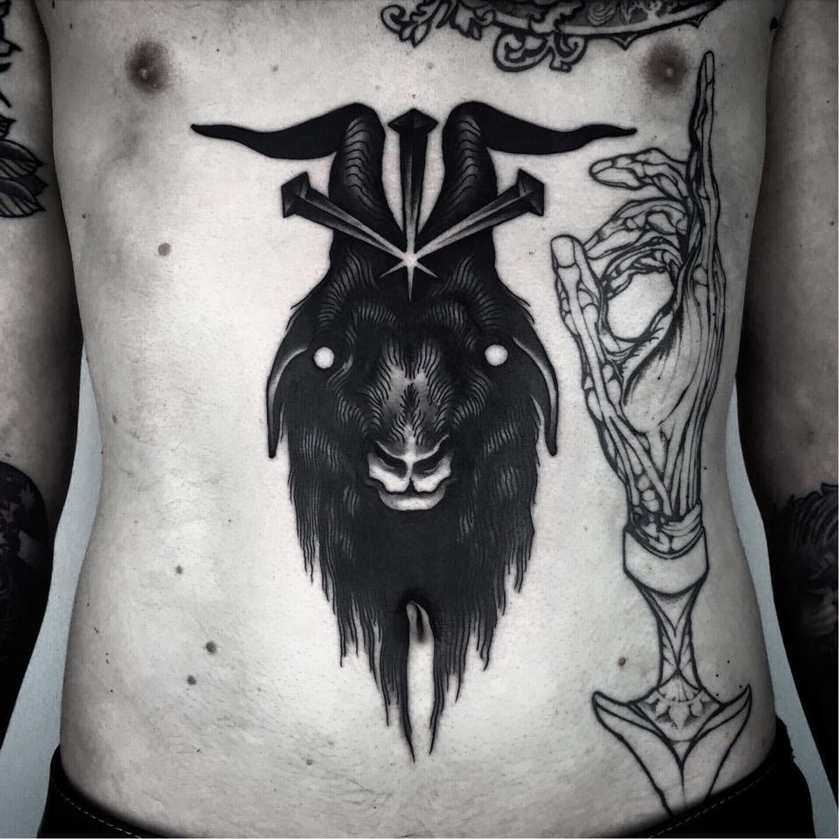 Tattoo uploaded by JenTheRipper • Baphomet tattoo by Matteo Al Denti  #MatteoAlDenti #blackwork #baphomet #goat #nails • Tattoodo