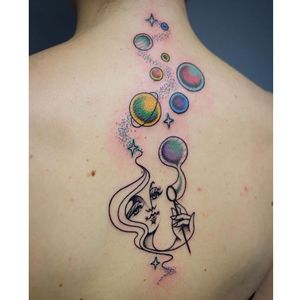 Space tattoo by Luca Maio Quagliotti #LucaMaioQuagliotti #graphic #surrealistic #contemporary #soapbubbles #planets #space