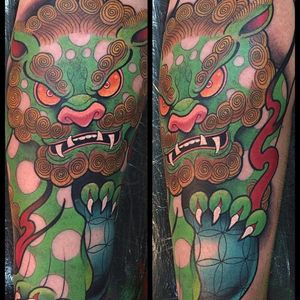 Killer color on this Japanese Foo Dog tattoo by David Tevenal on Instagram #foodog #newjapanese #DavidTevenal #newschool