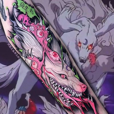 Demon dog tattoo by Brando Chiesa #BrandoChiesa #darkarttattoos #color #newschool #anime #manga #graphic #popart #eyeballs #skull #demon #dog #wolf #kitsune #kanji #tattoooftheday