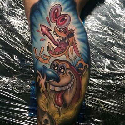 Ren and Stimpy tattoo by Yogi Barrett #YogiBarrett #tvtattoo #color #cartoon #newtraditional #RenandStimpy #cat #dog #slime #90s #surreal #arrow #gross #tattoooftheday