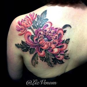 Styled color realism chrysanthemum tattoo by Liz Venom. #flower #chrysanthemum #realism #colorrealism #styledrealism #LizVenom