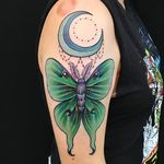 Luna Moth Tattoo by Blayne Bius #lunamoth #moth #moon #contemporary #bold #colorful #BlayneBius