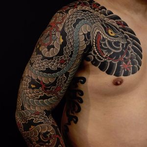 Japanese snake by RG74 #rg #rg74 #Japanese #color #traditional #snake #reptile #fire #leaves #mapleleaf #clouds #waves #scales #fangs #nature #tattoooftheday