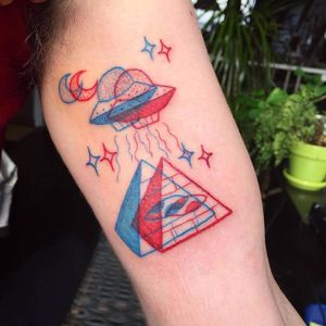 Aliens and illuminati vibes by Winston the Whale #WinstontheWhale #anaglyph #3D #ufo #pyramid #redink #blueink