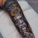 Wolf Cowl Tattoo by Matt Curzon #animalcowl #cowltattoo #wolf #cowl #lady #woman #wolfcowl #neotraditional #MattCurzon