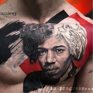 WIP Jimi Hendrix tattoo by Denis Moskalev #DenisMoskalev #graphic #realism #trashpolka #redink #blackwork