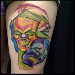Surreal sketch mask tattoos by Tattoo Szabi #TattooSzabi #theatremasks #drama #theatre #masks #dramamasks (Photo: Instagram)