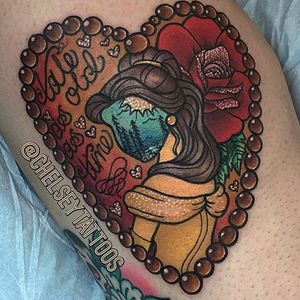 Beauty and the Beast tattoo by Chelsey Hamilton. #beautyandthebeast #disney #fairytale #heart #portrait #belle