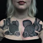 Goldfish tattoos by Katie Gray #KatieGray #blackandgrey #fish #goldfish #scales #oceanlife #ocean #fins #chestpiece #traditional #Japanese #mashup