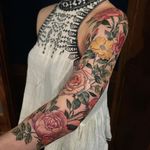 Beautiful sleeve, by Stephanie Brown #StephanieBrown #flowertattoo #colortattoo #rose #flower #floral #sleeve