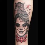 Owl girl tattoo by Victor Kludge #VictorKludge #traditional #surrealistic #owl #cryingwoman