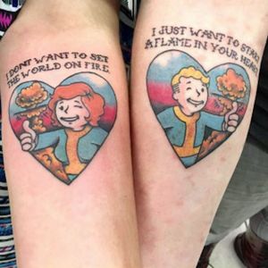 Couples matching Fallout tattoos with song lyrics from the game. #couplestattoos #Fallout #PipBoy #traditional #vaultdweller