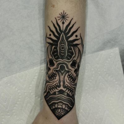 Tattoo by Franco Maldonado #FrancoMaldonado #blackandgrey #illustrative #newtraditional #darkart #surreal #linework #skull #death #thirdeye #fire #earth