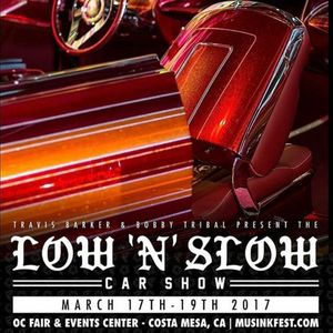 The flyer for the Low n' Slow Car Show at the MUSINK Tattoo Convention (IG—musink_tatfest). #MUSINKTattooConvention #SlownLowCarShow #TravisBarker