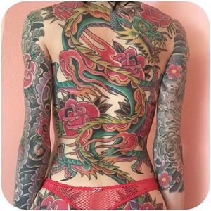 Back piece on @britcurtains by @clam13 #tattoodo #traditional #dragon #rose #japanese #clam13