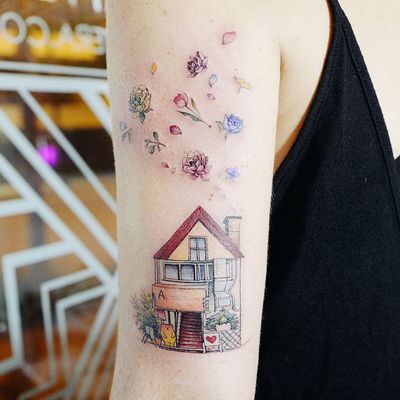 Home is where the heart is. Tattoo by Banul #Banul #architecturetattoos #color #linework #illustrative #house #home #heart #bear #flowers #roses #leaves #rosepetals #floral #building #tattoooftheday