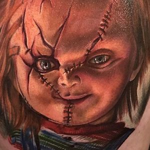 Color realism Chucky tattoo by Andrew Smith. #Chucky #ChildsPlay #horror #doll #realism #colorrealism #AndrewSmith