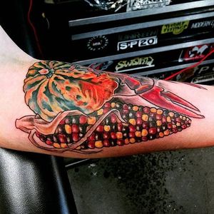 Amazing colours on this corn tattoo by Karl Schneider #vegetabletattoo #corntattoo #karlschneider