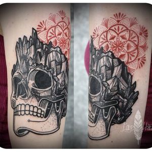 Crystal skull tattoo by David Hale #DavidHale #skull #redink #crystal #blackwork #mandala