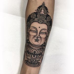 Lord Buddha tattoo by Gabriele Cardosi #GabrieleCardosi #buddhisttattoos #blackandgrey #realism #realistic #traditional #mashup #buddha #buddhism #lotus #portrait #meditation #pattern #floral #peace