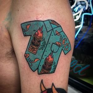 Party shirt tattoo by Andrew Mongenas. #AndrewMongenas #partyshirt #hawaiianshirt #dadshirt #shirt #hawaiian #traditional #tiki #alohashirt #AndrewMongenas