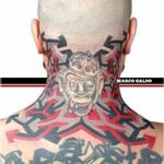 Adding to an existing nape tattoo. By Marco Galdo #MarcoGaldo #geometric #dotwork #monkey #redink #geometry #red #black