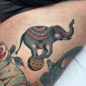 Circus elephant tattoo by Alba Pozo. #traditional #elephant #circus #act #circusperformer #AlbaPozo