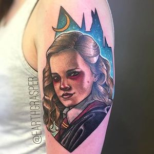 Red-eyed Hermione Granger Tattoo by Jonathan Penchoff @Earthgrasper #Earthgrasper #JonathanPenchoff #Neotraditional #Girl #Hermionegranger #harrypotter