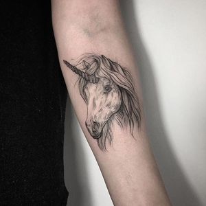 Unicorn tattoo by Lesya Kovalchuk. #LesyaKovalchuk #blackwork #mythology #unicorn #fantasy #fabulous #folklore #myth #horse #horn