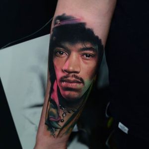 Amazing Jimi Hendrix color portrait tattoo by Karol Rybakowski #JimiHendrix #color #portrait #KarolRybakowski