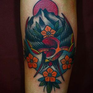 Bird tattoo by Taco Joe #neotraditional #bird #flower #mountain #nature #TacoJoe