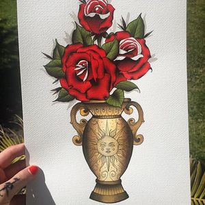 Urn and Roses by Stephanie Houldsworth #flashart #flash #flashfriday #color #traditional #urn #rose#StephanieHouldsworth