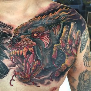 Werewolf Tattoo by Pommie Paul #werewolf #neotradtitional #animal #neotraditionalanimal #neotraditionalartist #PommiePaul