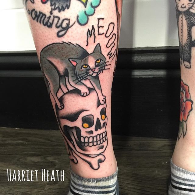 Tattoo uploaded by Robert Davies • Cat Skull Tattoo by Harriet Heath #cat # skull #oldschool #traditional #HarrietHeath • Tattoodo