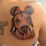 Beagle dressed as Minnie Mouse. Tattoo by Miguel Pulgarin. #dog #beagle #MinnieMouse #neotraditional #MiguelPulgarin