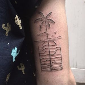 Beach tattoo by Dylan Long Cho #DylanLongCho #linework #minimalist #minimalistic #summer #beach #ocean #palmtree